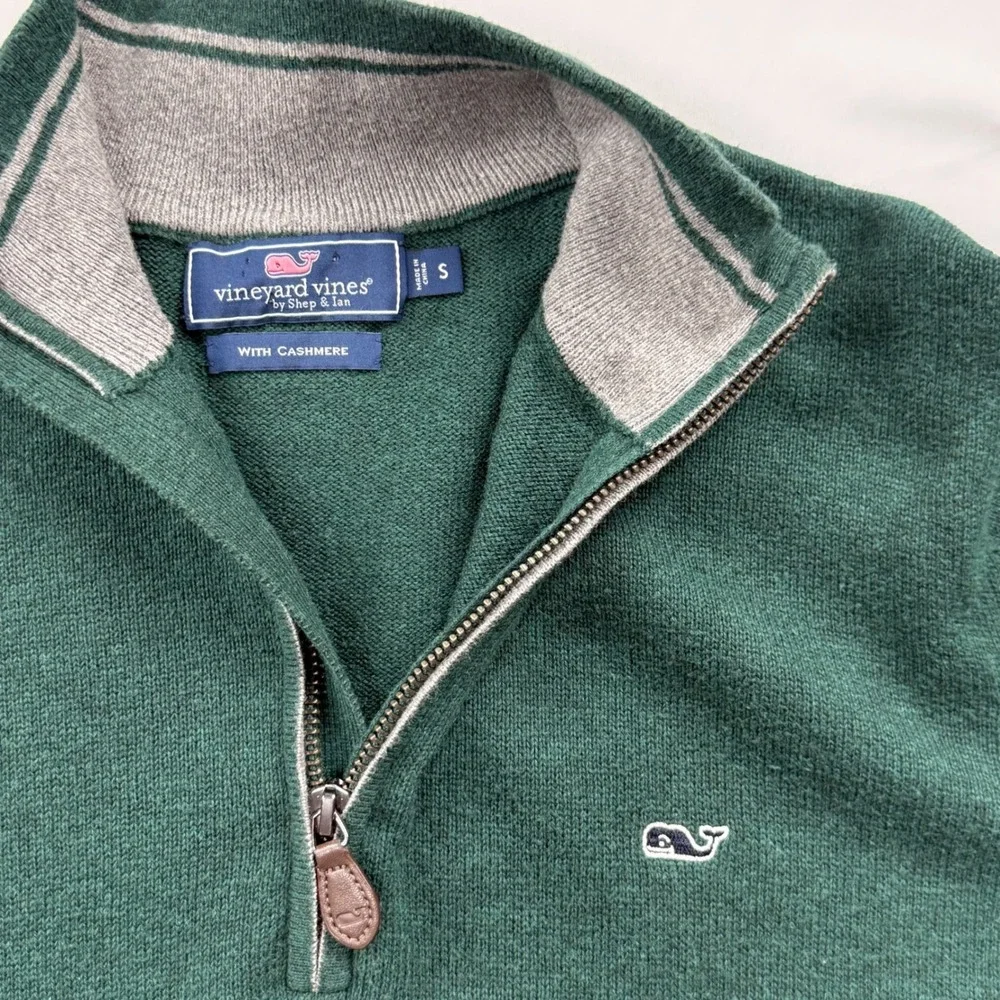 Vineyard Vines Mens Small Green Cotton Cashmere Quarter‎ Zip Sweater Preppy Cozy